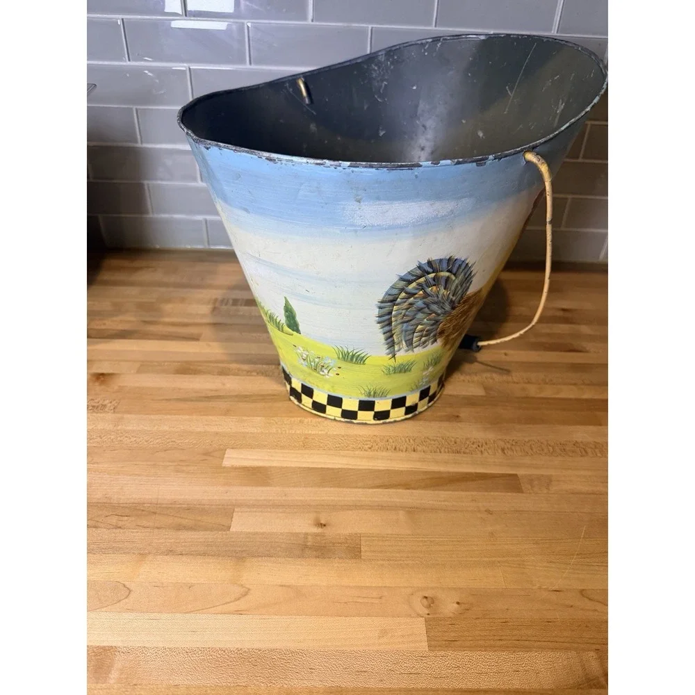 Vintage Rooster Metal Coal Scuttle Bucket Farmhouse Hand Painted Checkered 11in